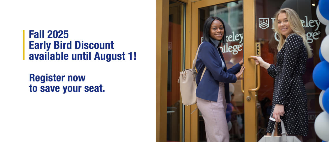 Two women engaged in a conversation outside Berkeley College. Fall 2025 Early Bird Discount available until August 1! Register now to save your seat.