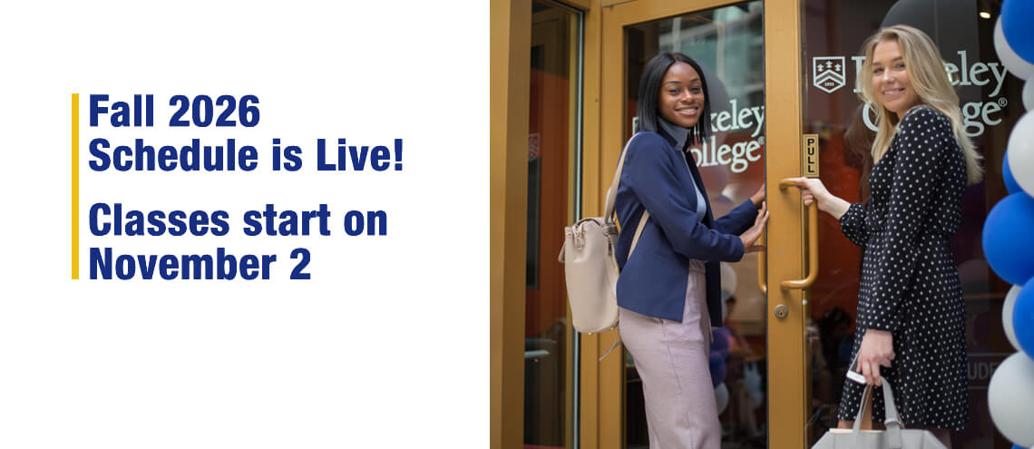 Two women engaged in a conversation outside Berkeley College. Fall 2026 Schedule is Live! Classes start on November 2
