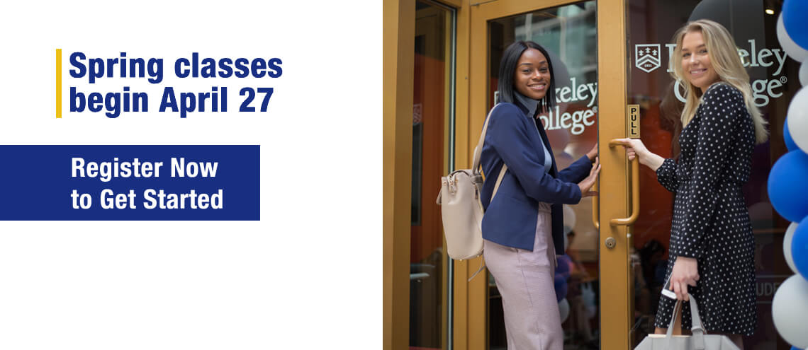 Two women engaged in a conversation outside Berkeley College. Spring classes begin april 27