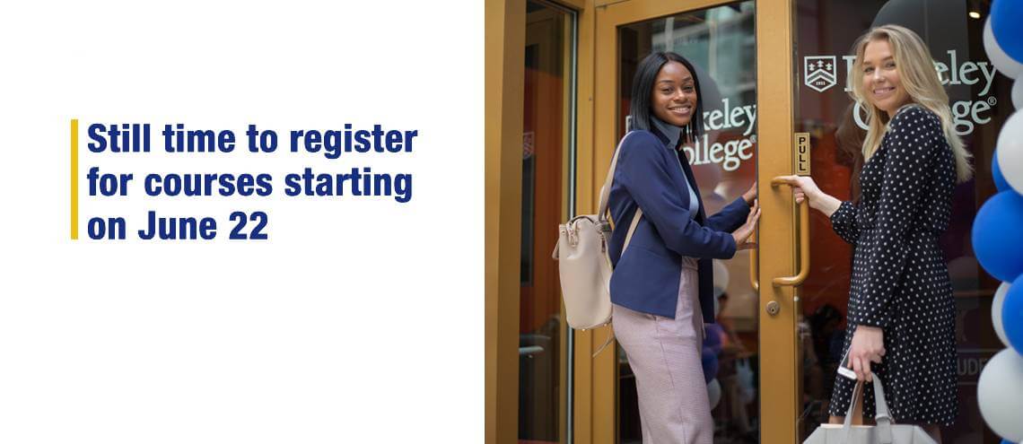 Two women engaged in a conversation outside Berkeley College. Still time to register for courses starting on June 22