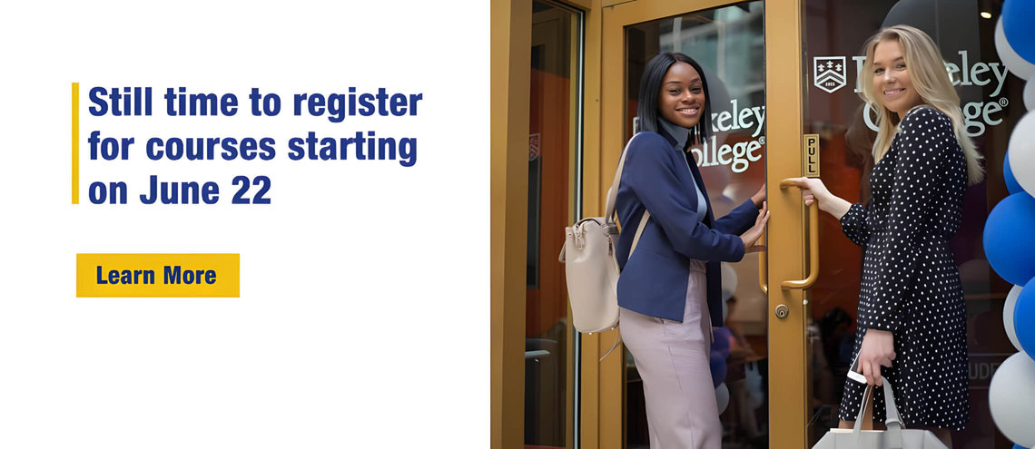 Two women engaged in a conversation outside Berkeley College. Still time to register for courses starting on June 22