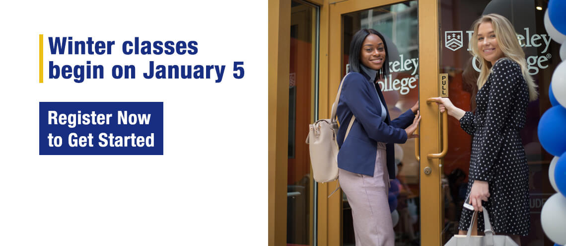 Two women engaged in a conversation outside Berkeley College. Winter semester classes begin on January 5