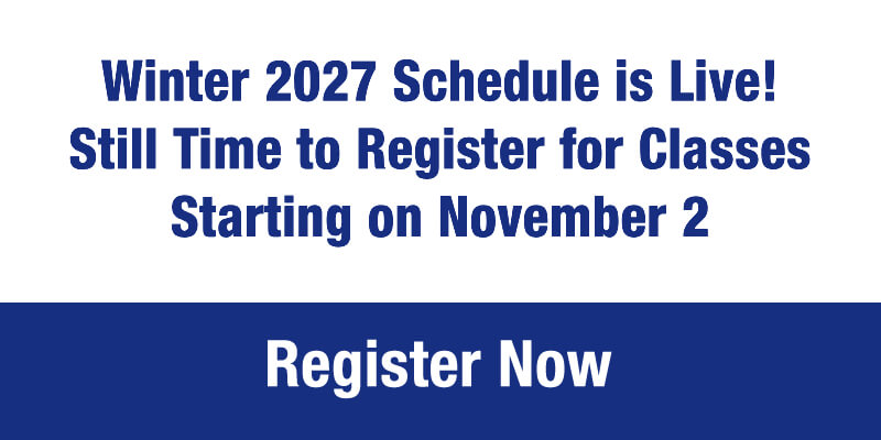 The abnner reads: Winter 2027 Schedule is Live! Still Time to Register for Classes Starting on November 2. Register now.