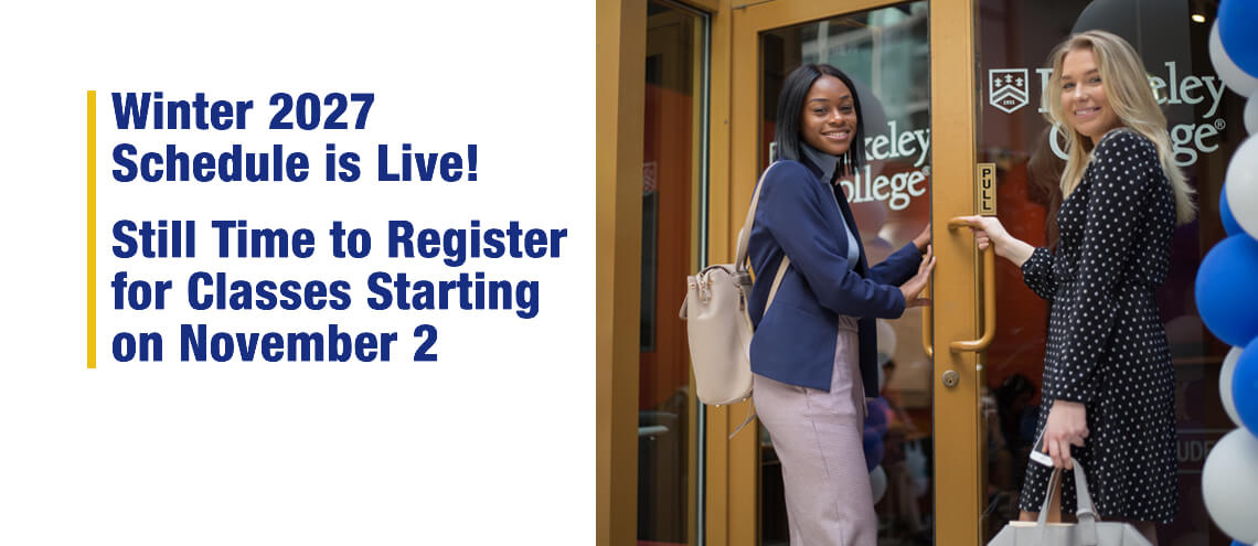 Two women engaged in a conversation outside Berkeley College. The abnner reads: Winter 2027 Schedule is Live! Still Time to Register for Classes Starting on November 2