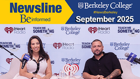 A promotional event for Berkeley College featuring two seated speakers, with branded backdrops and microphones, announcing September 2025.
