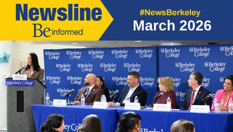 A woman speaks at a podium with a Berkeley College logo. Six seated panelists listen.