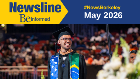 Graduate in cap and gown smiles at a ceremony. Blue and yellow banner reads Newsline Be informed, #NewsBerkeley,May 2026.
